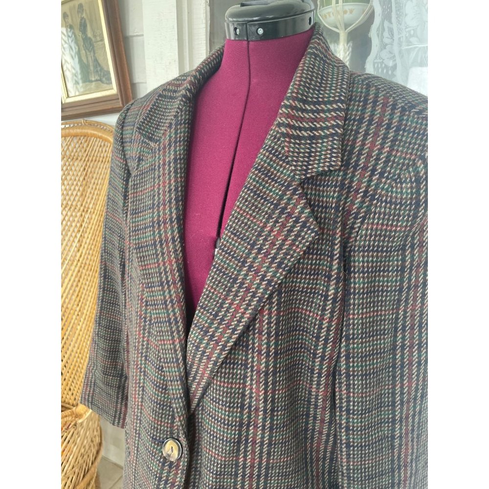 Vintage 1990s Hounds Tooth Plaid Wool Blend Womens Blazer 14 Petite - Picture 3 of 12
